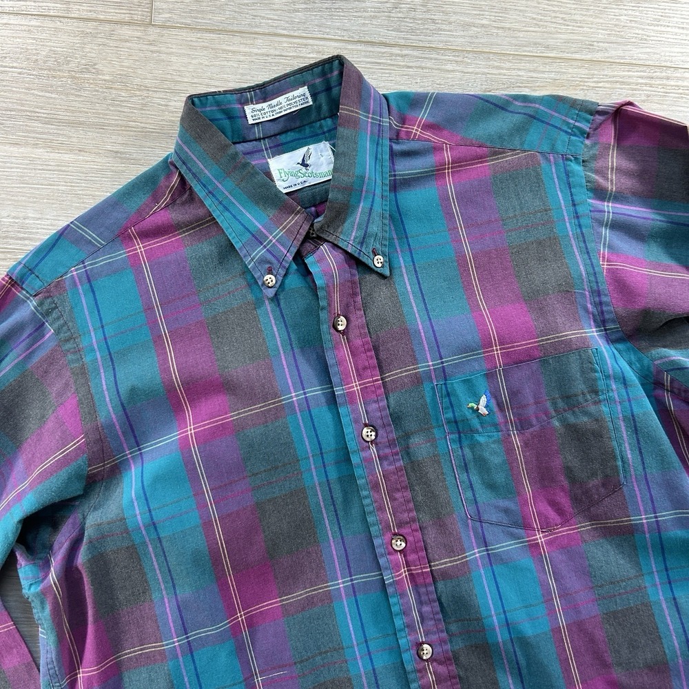 VTG Flying Scotsman Men's Large Mallard Duck Plaid Button Up Shirt Long Sleeve